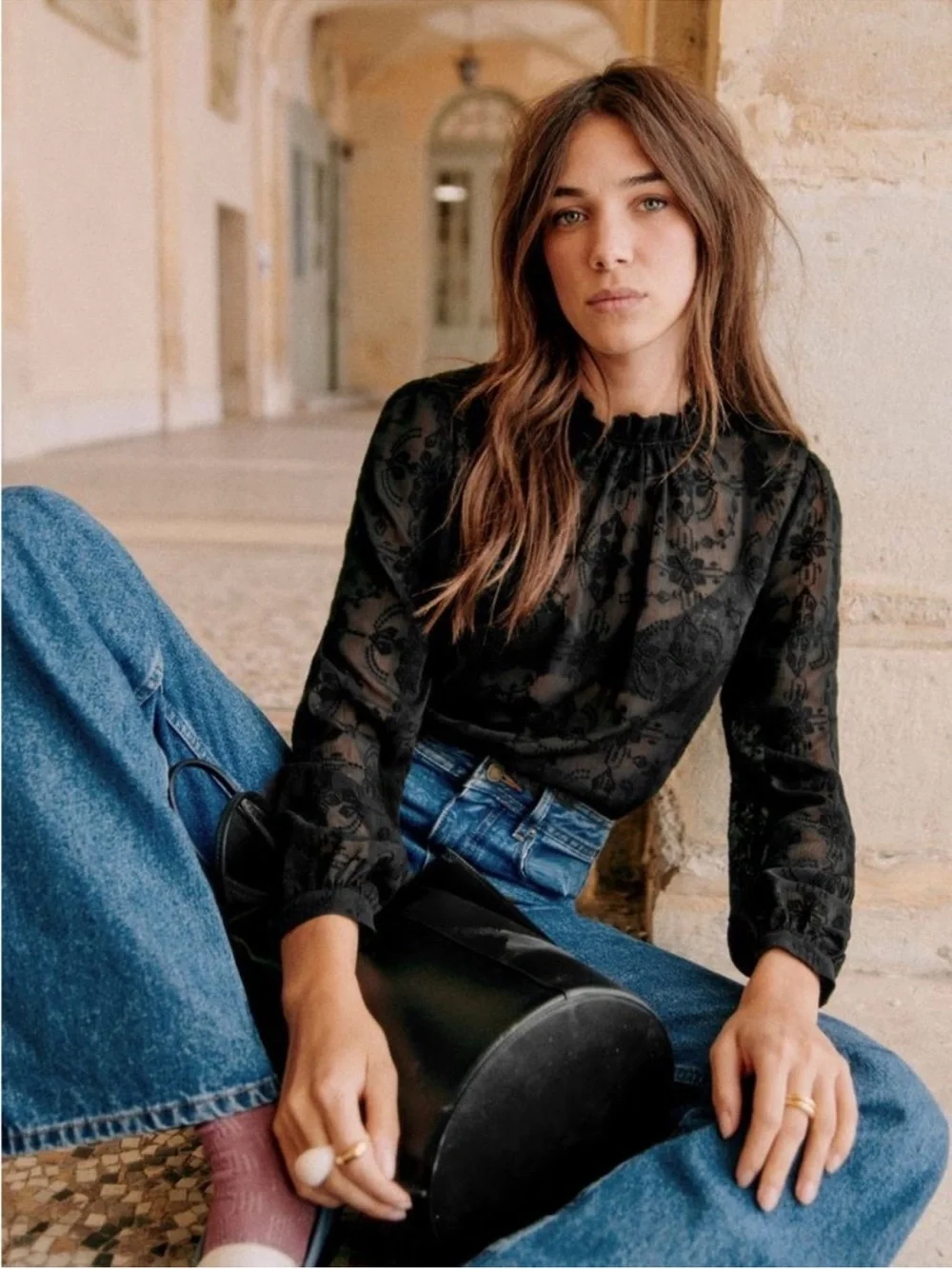 SEZANE Black Sheer Floral Embroidered Ruffle High Neck Valentine Blouse Top - Picture 14 of 14